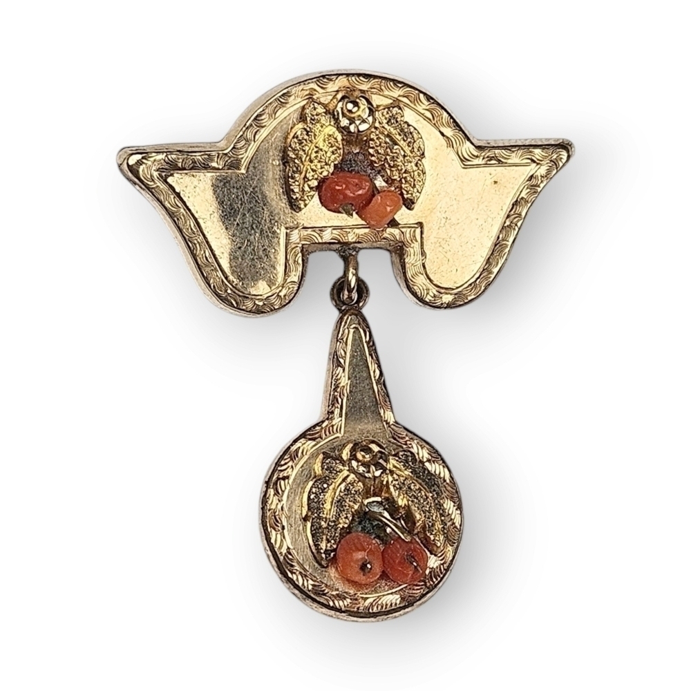 Antique Victorian Red Coral Brooch Gold Filled Flower Leaf Berries Motif 1800s